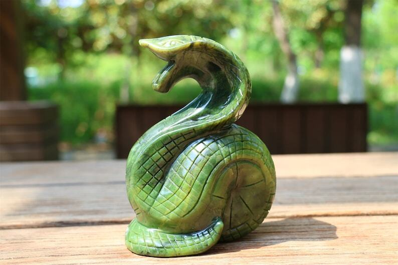 5.4" Natural Jade Carved Snake Crystal Skull Home Decor Reiki Figurine gift 1PC