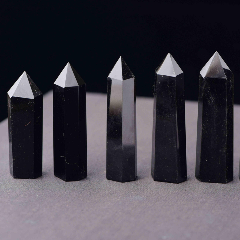 50-60mm Natural Obsidian Quartz Crystal Stone Point Healing Hexagonal Wand Black