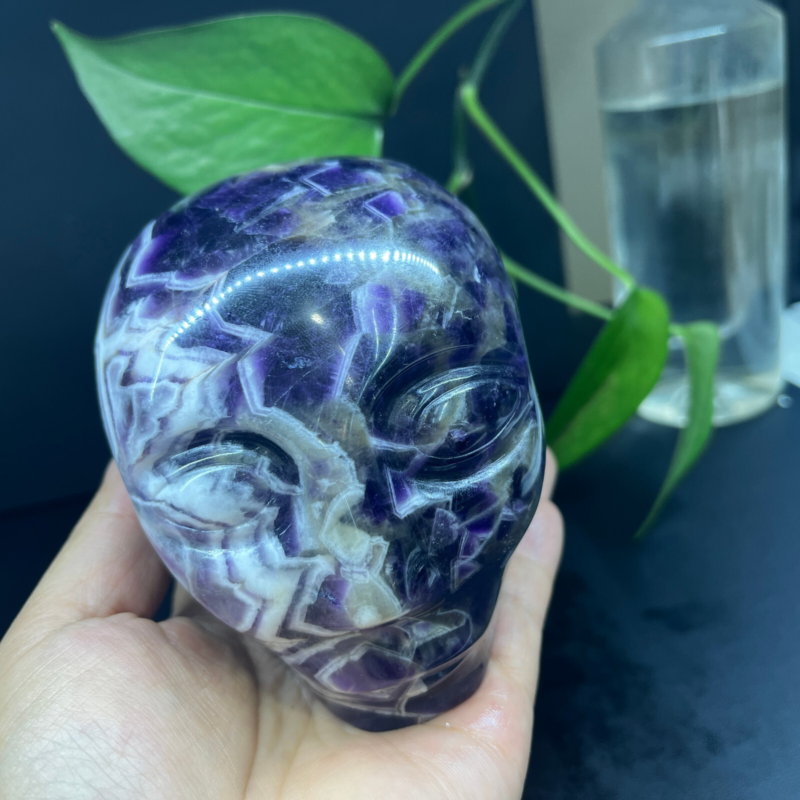 2.71LB Natural dream amethyst aliens Quartz Carved Crystal Skull Reiki Gem Decor