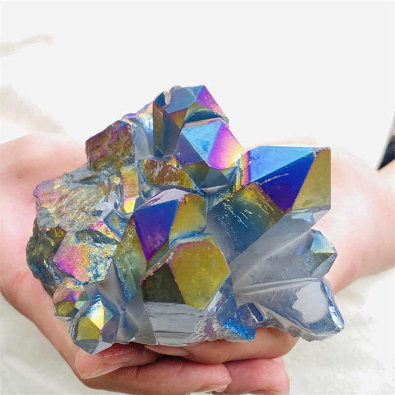 970gColor Flame Aura Electroplate Quartz Crystal Cluster Specimen Healing Stone