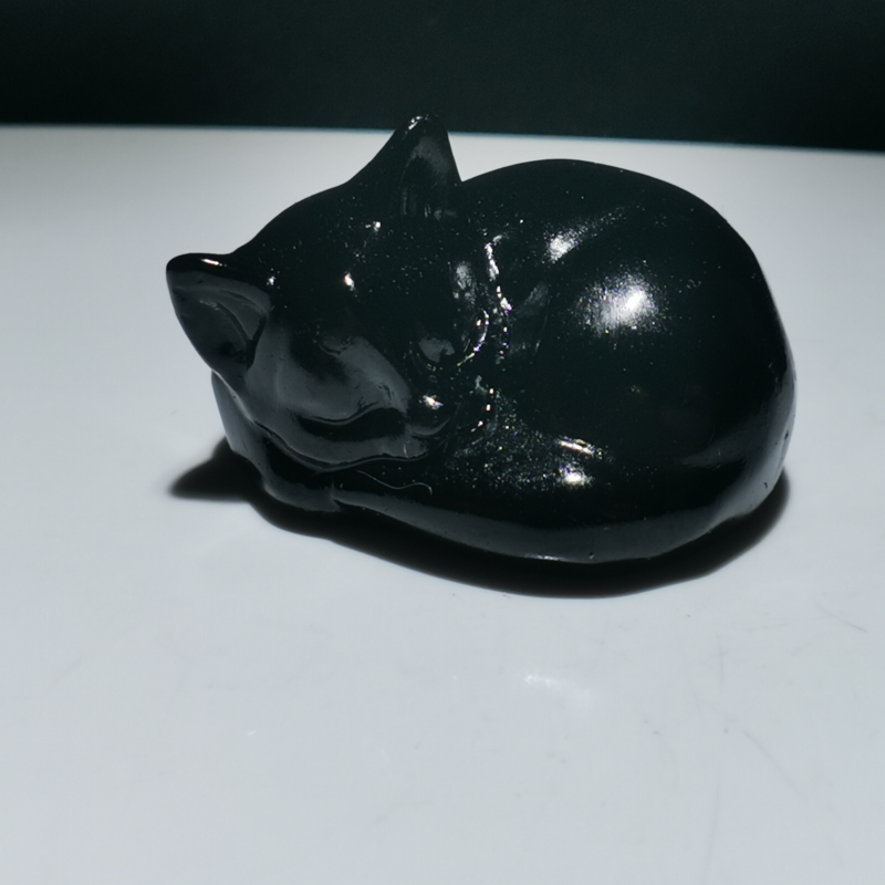 1pcs，Natural Obsidian Quartz Mineral Specimen, Hand-Carved Cat Healing,