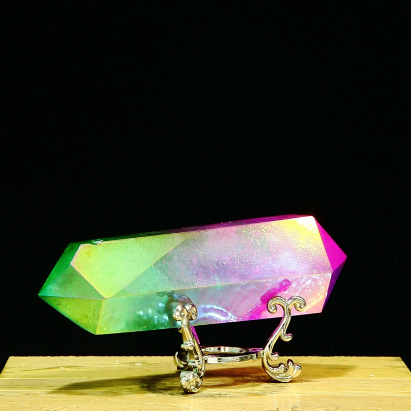 214g Natural Crystal Electroplated Rainbow Quartz Tower Double Wand Point Reiki