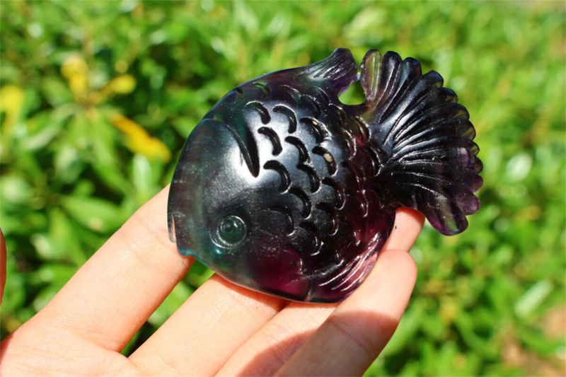 2.4+" Carved Natural Rainbow Fluorite Fish Reiki Crystal Skull Crystal Gifts 1PC