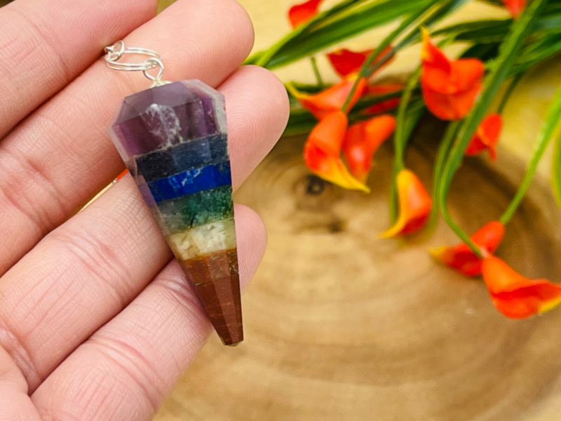 7 Chakra Bonded Pendulum With Silver Plated Chain, Dowsing Energy Balancing