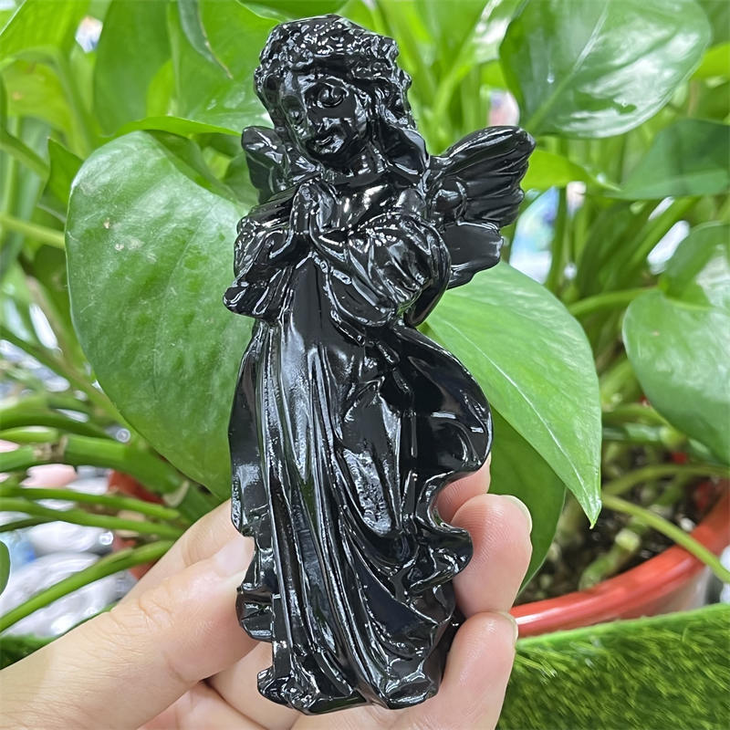 1pc Natural obsidian Angel girl hand carved Quartz Crystal stone skull Reiki Hea