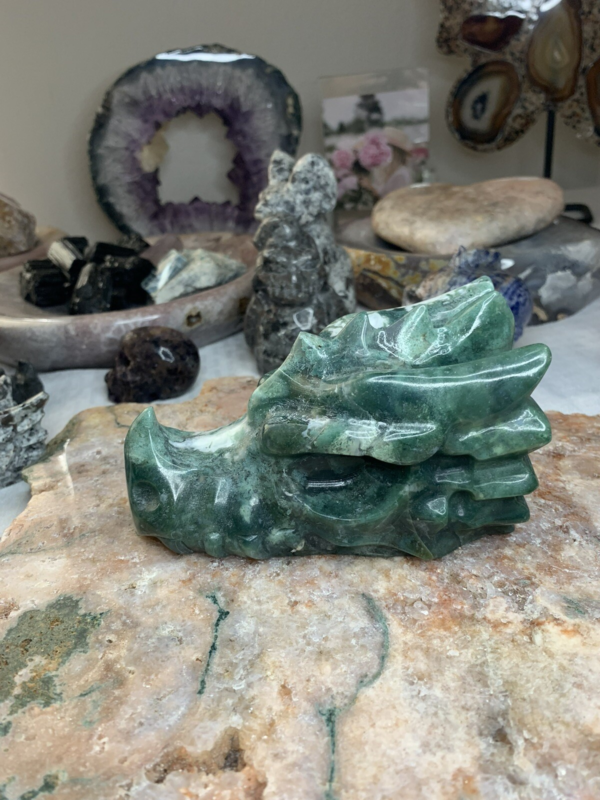 LARGE 5" - 5 1/2” 887g Green & White Moss Agate Dragon Head Crystal Skull!