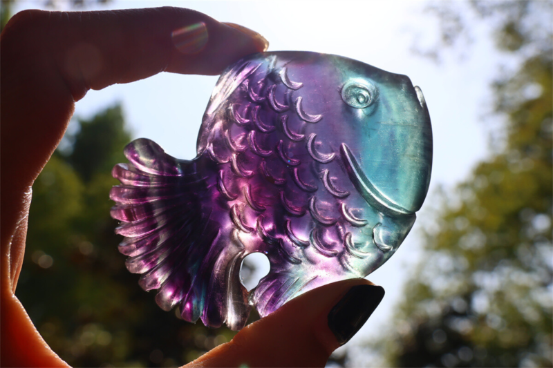 2.4+" Carved Natural Rainbow Fluorite Fish Reiki Crystal Skull Crystal Gifts 1PC
