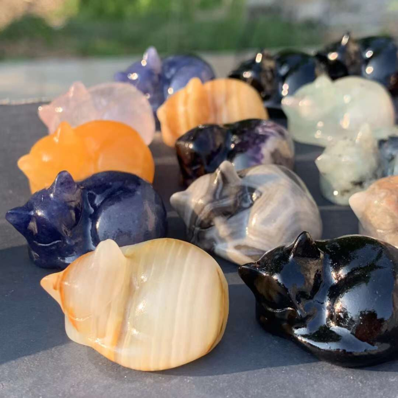 3pc Natural Mix Quartz Carved Sleep Cat Skull Crystal Reiki Healing Gift Random