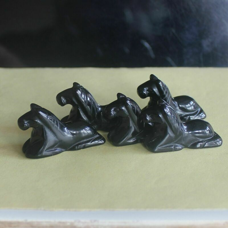 5pc Carved gemstone crystal opalite black obsidian horse figurine animal carving
