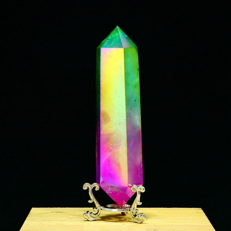 296g Natural Crystal Electroplated Rainbow Quartz Tower Double Wand Point Reiki