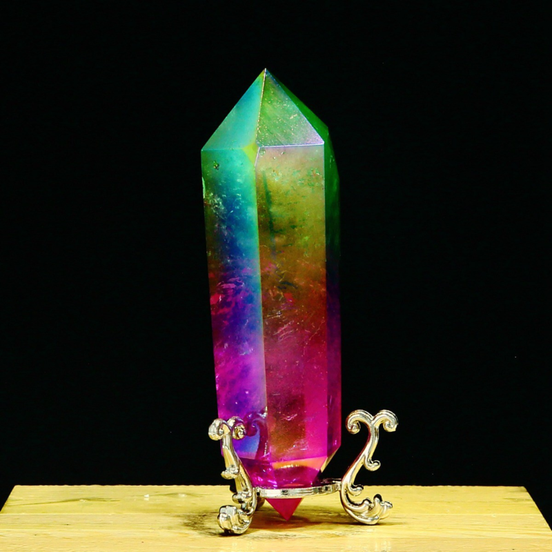 233g Natural Crystal Electroplated Rainbow Quartz Tower Double Wand Point Reiki