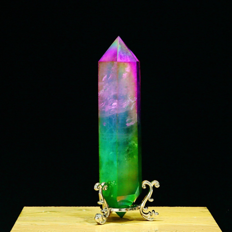 243g Natural Crystal Electroplated Rainbow Quartz Tower Double Wand Point Reiki