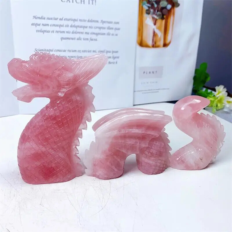 Natural Rose Quartz Swimming Dragon Crystal Handmade Carved Polished Animal