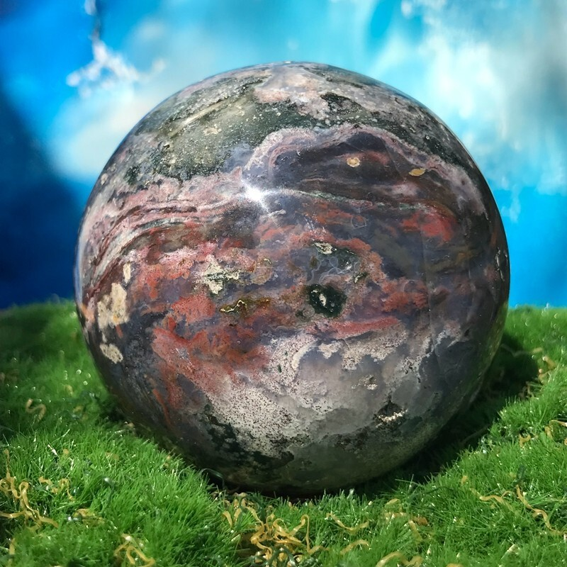 373GNatural Marine Jasper Quartz Ball Crystal Ball Mineral Specimen Restoration