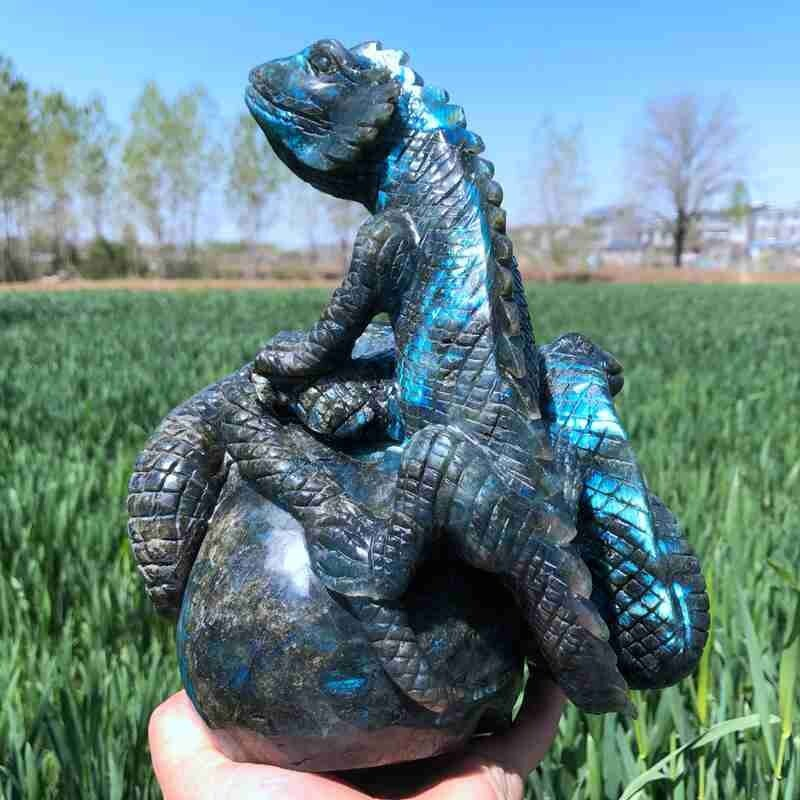 9.12LB Natural Labradorite Lizard hand Carved Skull Quartz Crystal Reiki Gift