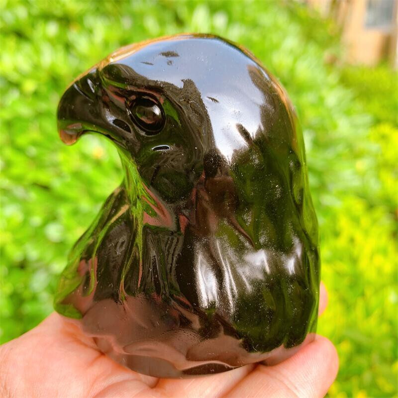 8cm Natural Crystal Quartz Black Obsidian Eagle Head Animal Carving Healing 1pc