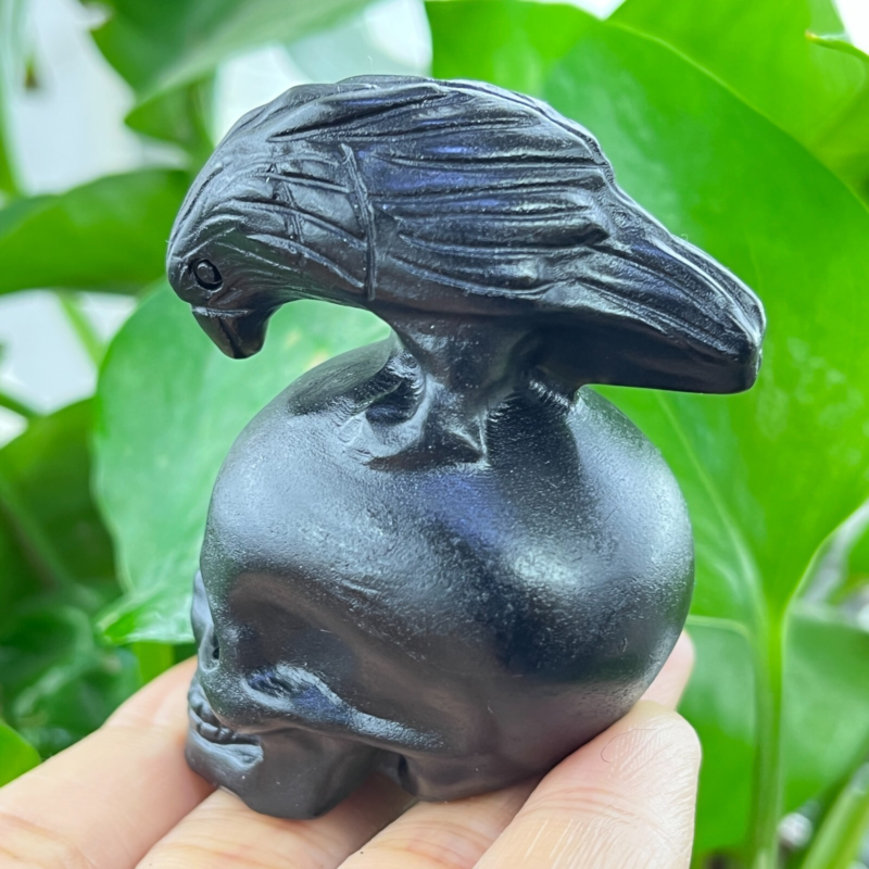 1pc Natural obsidian Crow handcarved quartz crystal bird animal skull Reiki 2"