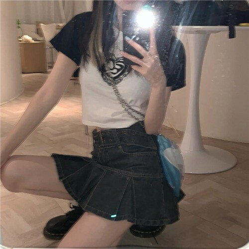 Kawaii Girl Hot sweet DenimSkirt Pleated Casual High Waist  A Word Short Skirt