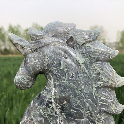 530g Natural Moss Agate Unicorn Carved Reiki Quartz Crystal Skull Figurines Crys