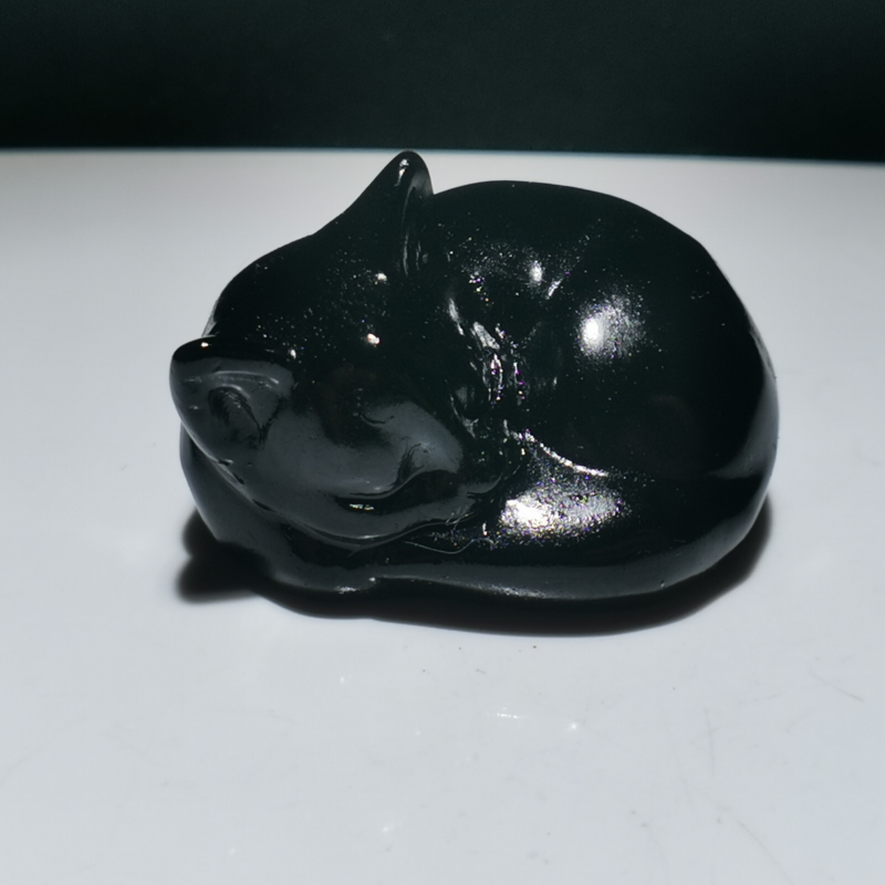 1pcs，Natural Obsidian Quartz Mineral Specimen, Hand-Carved Cat Healing,