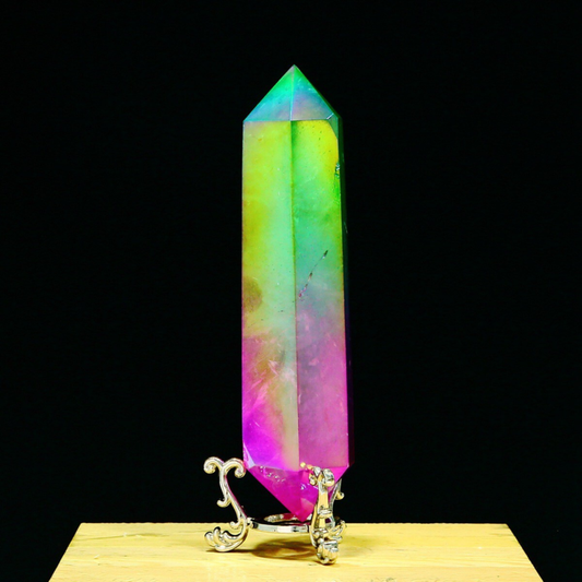 296g Natural Crystal Electroplated Rainbow Quartz Tower Double Wand Point Reiki