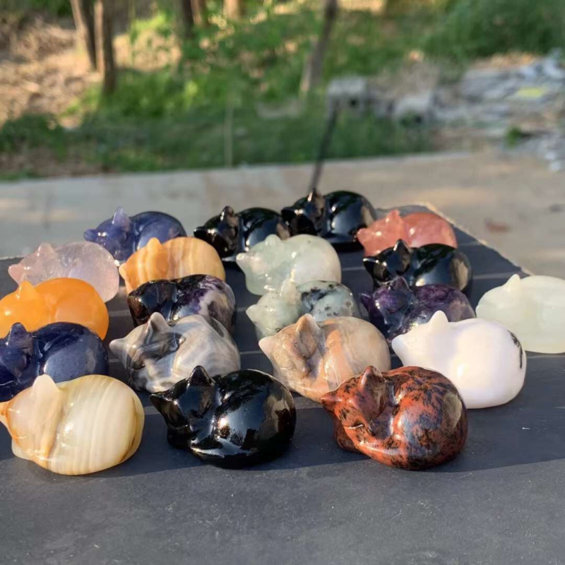 3pc Natural Mix Quartz Carved Sleep Cat Skull Crystal Reiki Healing Gift Random