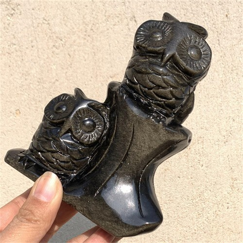670g Natural carved Gold obsidian owl Reiki crystal skull decor crystal gift