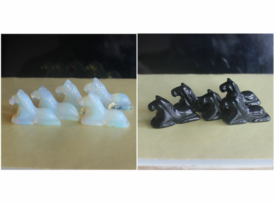 5pc Carved gemstone crystal opalite black obsidian horse figurine animal carving