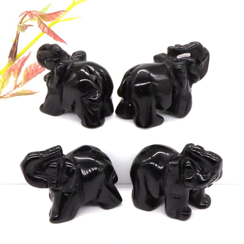 Natural Obsidian Quartz Crystal Carved Baby Elephant Polished Animal Ornaments
