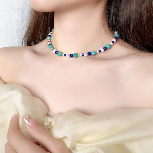 Natural Amazonite Lapis Lazuli Pearl Stone Crystal Handmade Blue Choker Necklace