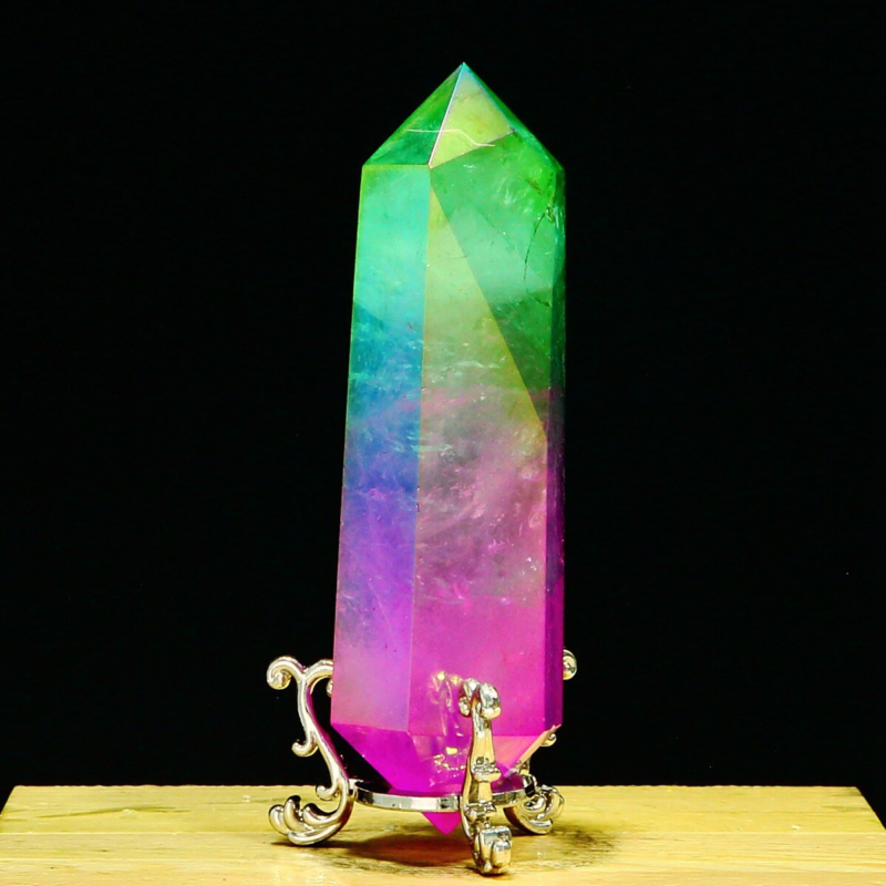 214g Natural Crystal Electroplated Rainbow Quartz Tower Double Wand Point Reiki