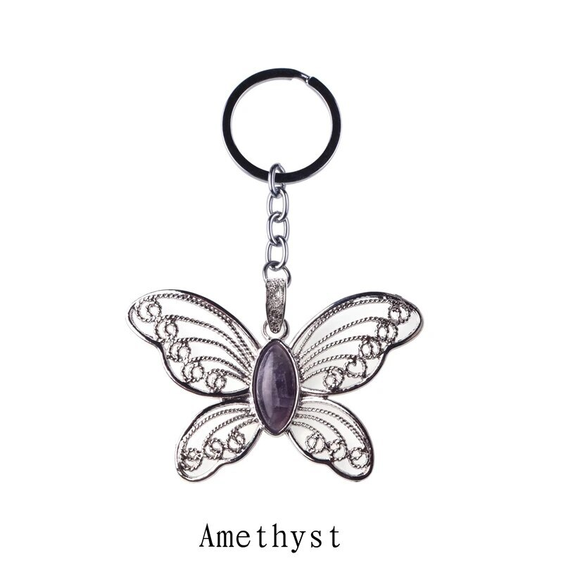 Healing Natural Stone Stainless Steel Butterfly Pendant Keychain for Women Men