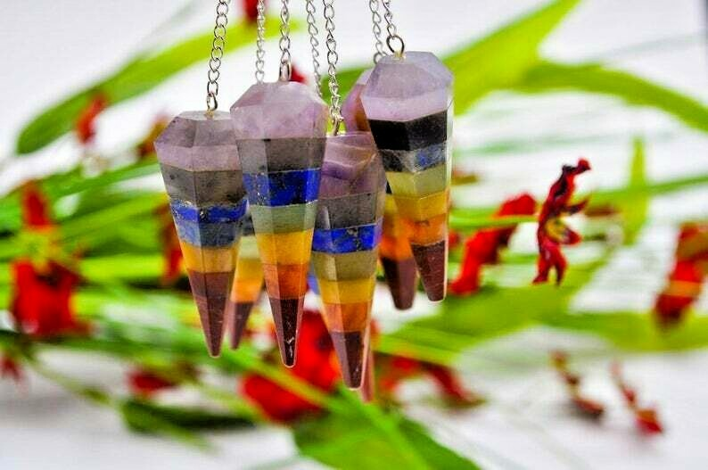 7 Chakra Bonded Pendulum With Silver Plated Chain, Dowsing Energy Balancing