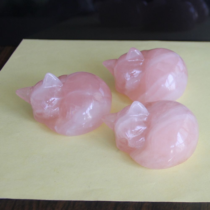 Carved gemstone rose quartz crystal sleeping cat figurine animal home decor 2&apos;&apos;