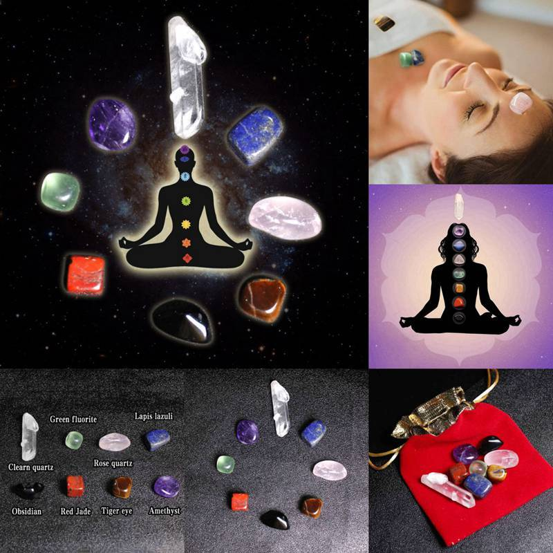 5Pcs 7 Chakra Healing Balance Crystal Raw Natural Quartz Tumbled Stones W/ Pouch