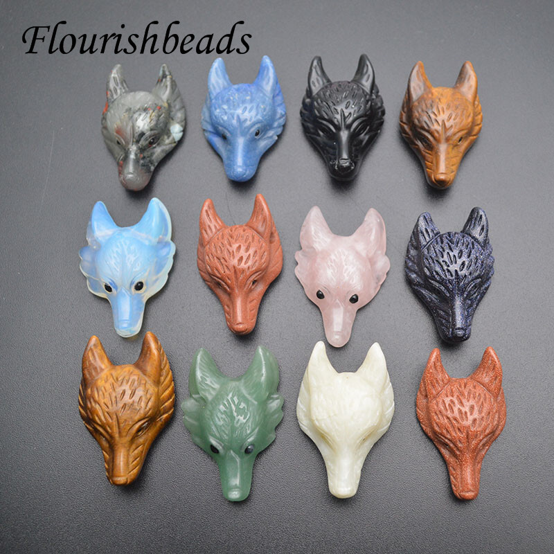 Multi Natural Stone Quartz Crystal Carved Wolf Head Animal Pendant DIY Necklace