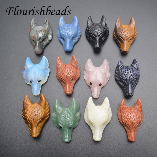 Multi Natural Stone Quartz Crystal Carved Wolf Head Animal Pendant DIY Necklace