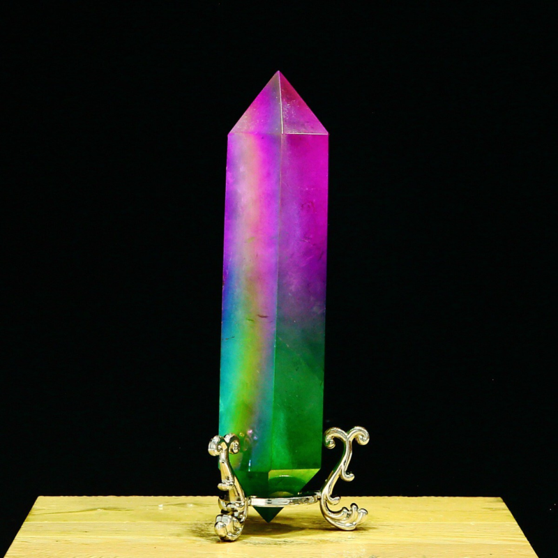 254g Natural Crystal Electroplated Rainbow Quartz Tower Double Wand Point Reiki