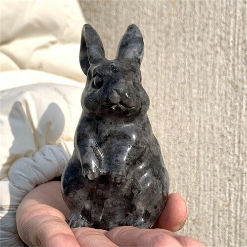 290g Natural Carved Spectrolite Rabbit Figurines Reiki Quartz Crystal Skull Deco