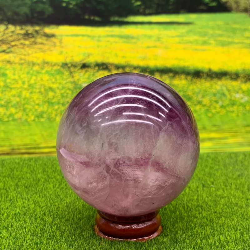 395G Natural Fluorite ball Colorful Quartz Crystal Gemstone Healing + Stand