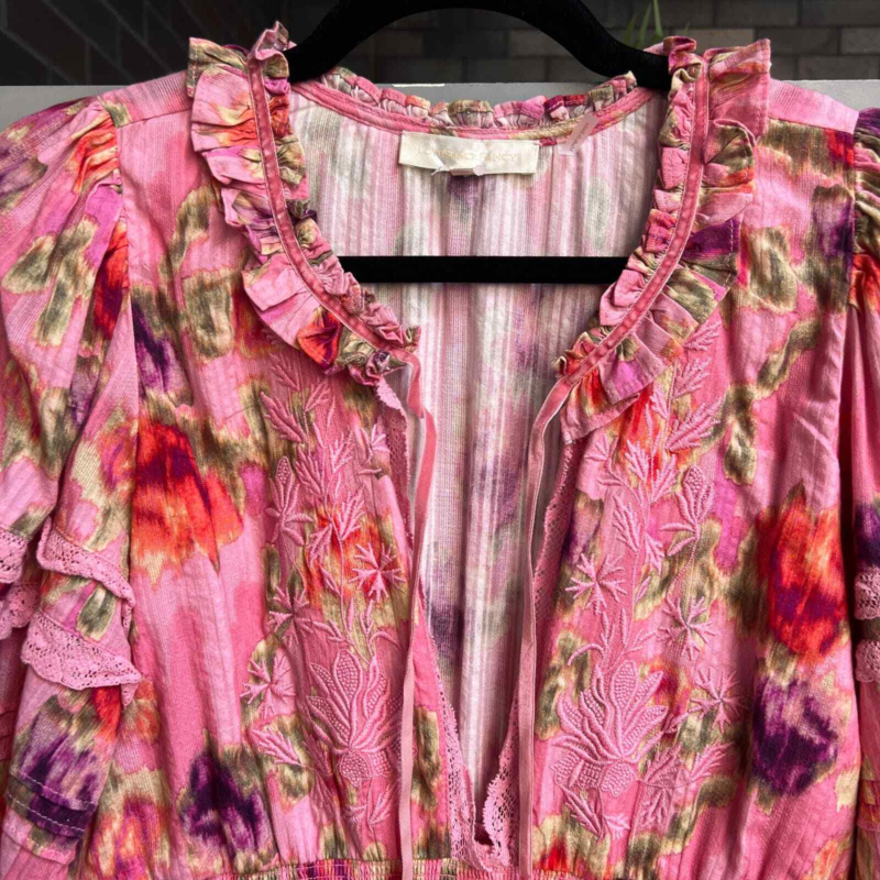 NEW LoveShackFancy &apos;Clarkie&apos; Pink Embroidered Lace Mini Dress Size XS