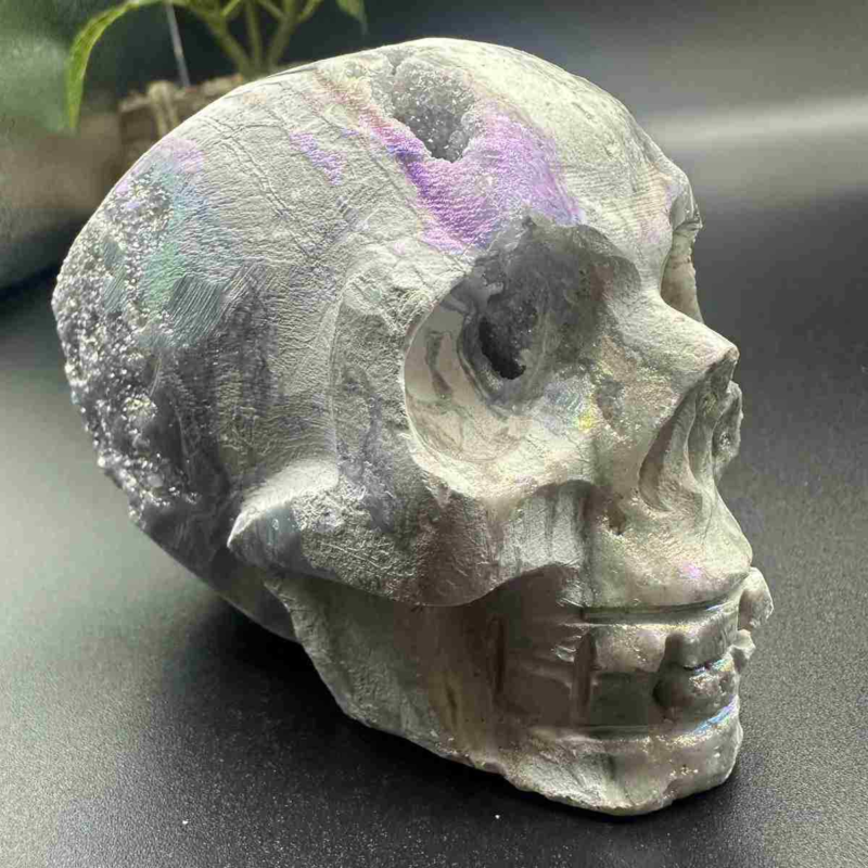 705g electroplate Natural sphalerite hand carved skull decor gem Healing