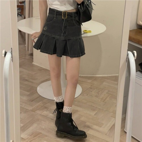 Kawaii Girl Hot sweet DenimSkirt Pleated Casual High Waist  A Word Short Skirt