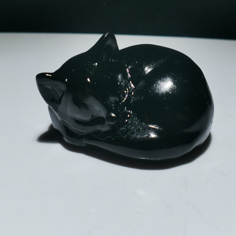 1pcs，Natural Obsidian Quartz Mineral Specimen, Hand-Carved Cat Healing,