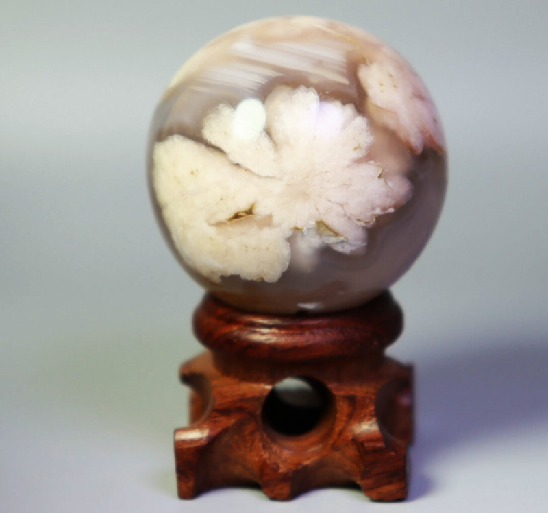Natural Snowflake Cherry Blossom Flower Agate Quartz Crystal Sphere Ball / Stand