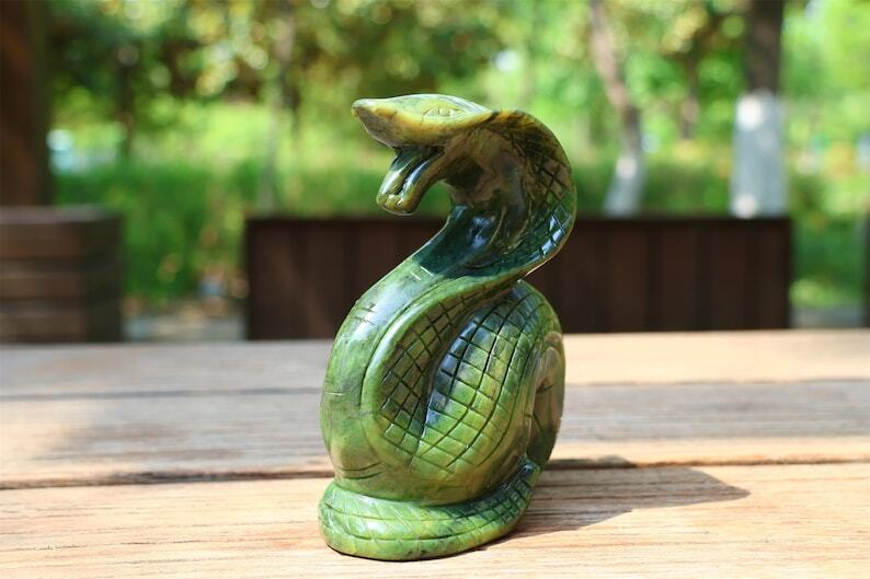 5.4" Natural Jade Carved Snake Crystal Skull Home Decor Reiki Figurine gift 1PC