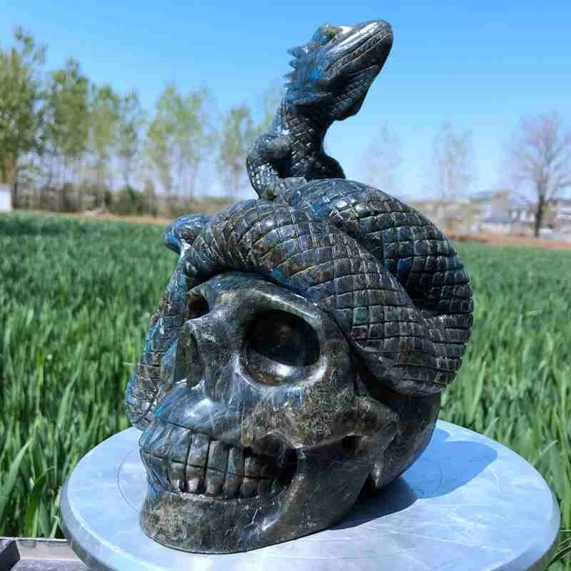9.12LB Natural Labradorite Lizard hand Carved Skull Quartz Crystal Reiki Gift