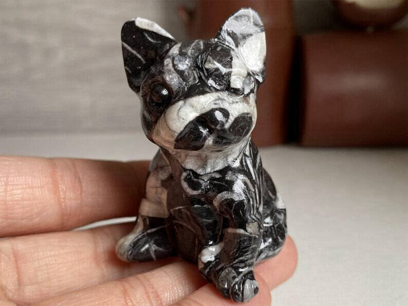 3cm Natural Quartz Crystal Carved Rough Stone French Bulldog Energy Animal Decor