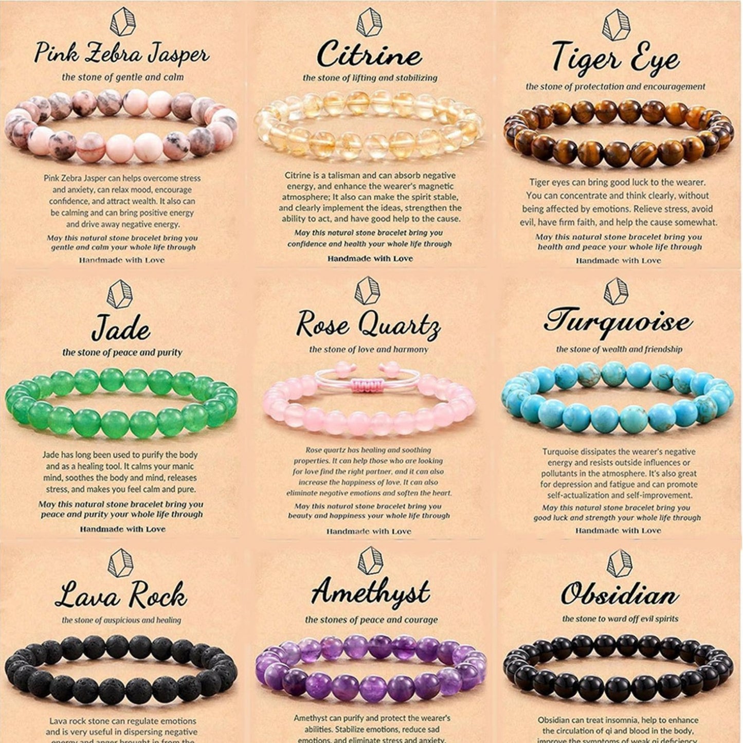 Natural Stone with Cardboard Beads Elastic String Bracelet Crystal Agate Tiger-Eye Bracelet Ornament