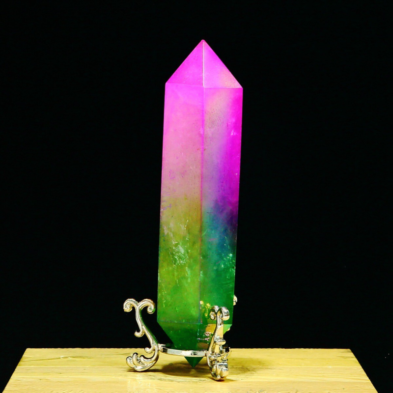 278g Natural Crystal Electroplated Rainbow Quartz Tower Double Wand Point Reiki